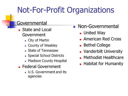 Not-For-Profit Organizations Governmental State and Local Government City of Martin County of Weakley State of Tennessee Special School Districts Madison.