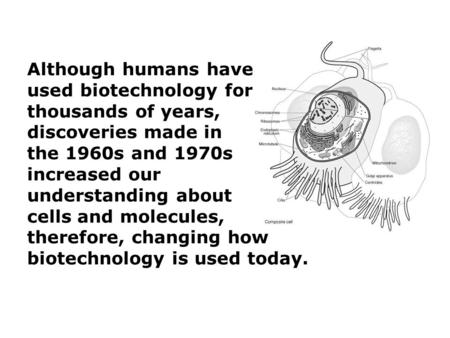 Although humans have used biotechnology for thousands of years, discoveries made in the 1960s and 1970s increased our understanding about cells and molecules,