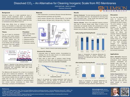 ERIN PARTLAN, DAVID LADNER Clemson University Dissolved CO 2 – An Alternative for Cleaning Inorganic Scale from RO Membranes Acknowledgements Clemson University.