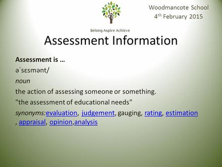 Belong Aspire Achieve Assessment Information Woodmancote School 4 th February 2015 Assessment is … əˈsɛsmənt/ noun the action of assessing someone or something.