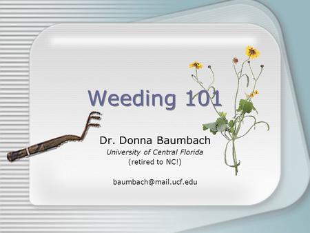 Weeding 101 Dr. Donna Baumbach University of Central Florida (retired to NC!)