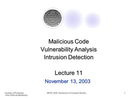 Courtesy of Professors Chris Clifton & Matt Bishop INFSCI 2935: Introduction of Computer Security1 November 13, 2003 Malicious Code Vulnerability Analysis.