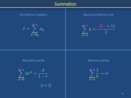 Summation 1 Summation notation Geometric seriesHarmonic series Gauss summation trick (r < 1)