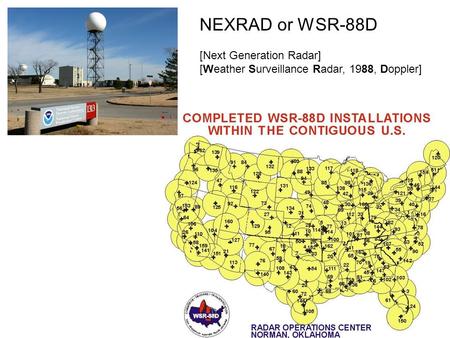 NEXRAD or WSR-88D [Next Generation Radar] [Weather Surveillance Radar, 1988, Doppler]