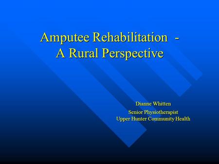 Amputee Rehabilitation - A Rural Perspective Dianne Whitten Senior Physiotherapist Upper Hunter Community Health.