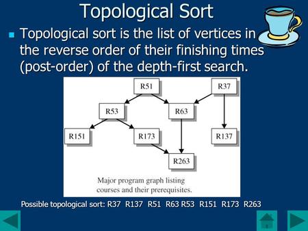 Topological Sort Topological sort is the list of vertices in the reverse order of their finishing times (post-order) of the depth-first search. Topological.