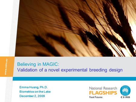 Believing in MAGIC: Validation of a novel experimental breeding design Emma Huang, Ph.D. Biometrics on the Lake December 2, 2009.
