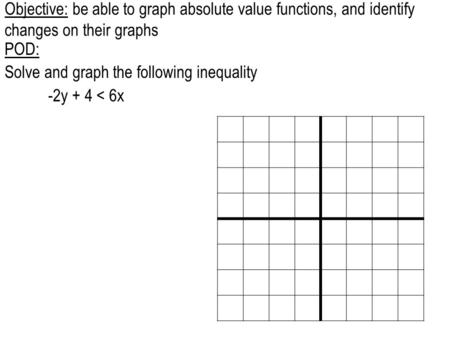 Objective: be able to graph absolute value functions, and identify changes on their graphs POD: Solve and graph the following inequality -2y + 4 < 6x.