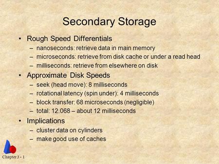Chapter 3 - 1 Secondary Storage Rough Speed Differentials –nanoseconds: retrieve data in main memory –microseconds: retrieve from disk cache or under a.