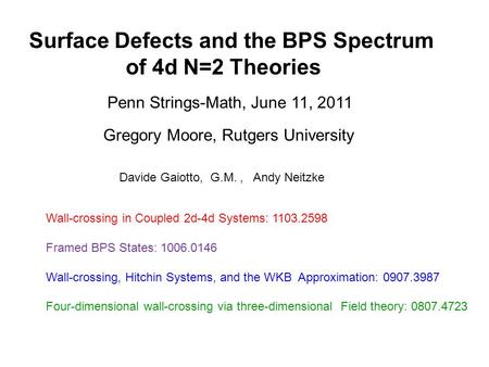 Surface Defects and the BPS Spectrum of 4d N=2 Theories Gregory Moore, Rutgers University Penn Strings-Math, June 11, 2011 Davide Gaiotto, G.M., Andy Neitzke.