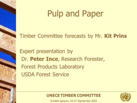 UNECE TIMBER COMMITTEE Sixtieth session, 24-27 September 2002 Pulp and Paper Timber Committee forecasts by Mr. Kit Prins Expert presentation by Dr. Peter.