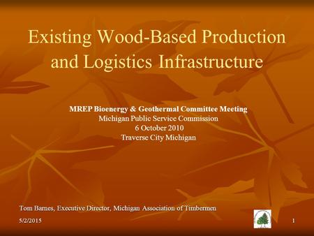 Existing Wood-Based Production and Logistics Infrastructure Tom Barnes, Executive Director, Michigan Association of Timbermen MREP Bioenergy & Geothermal.