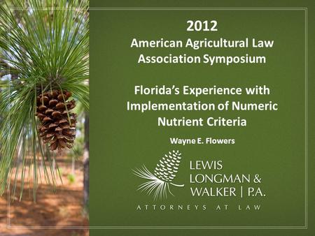 2012 American Agricultural Law Association Symposium Florida’s Experience with Implementation of Numeric Nutrient Criteria Wayne E. Flowers.