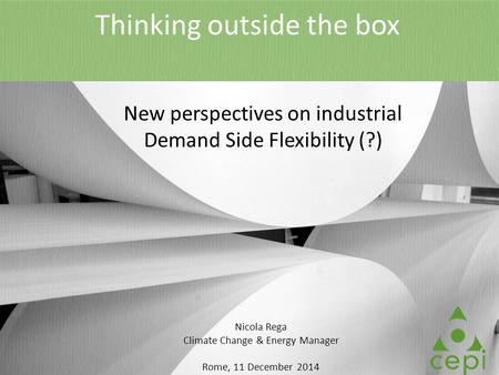 Thinking outside the box New perspectives on industrial Demand Side Flexibility (?) Nicola Rega Climate Change & Energy Manager Rome, 11 December 2014.