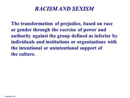 Viewgraph #21-1 RACISM AND SEXISM The transformation of prejudice, based on race or gender through the exercise of power and authority against the group.