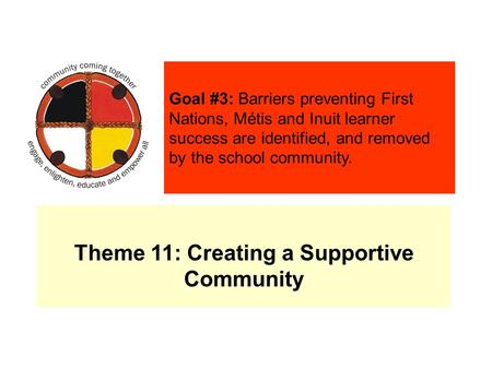 Theme 11: Creating a Supportive Community Goal #3: Barriers preventing First Nations, Métis and Inuit learner success are identified, and removed by the.
