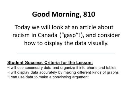 Good Morning, 810 Today we will look at an article about racism in Canada (“gasp”!), and consider how to display the data visually. Student Success Criteria.