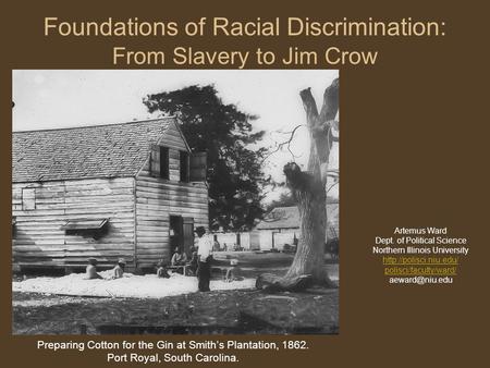Foundations of Racial Discrimination: From Slavery to Jim Crow Artemus Ward Dept. of Political Science Northern Illinois University