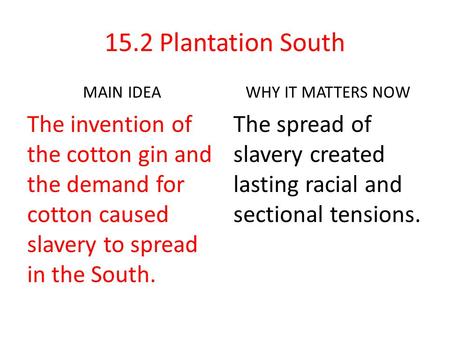 15.2 Plantation South MAIN IDEA The invention of the cotton gin and the demand for cotton caused slavery to spread in the South. WHY IT MATTERS NOW The.