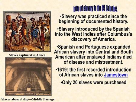 Slavery was practiced since the beginning of documented history. Slavery introduced by the Spanish into the West Indies after Columbus’s discovery of America.