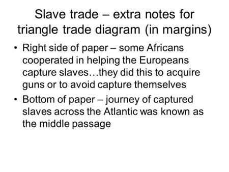 Slave trade – extra notes for triangle trade diagram (in margins) Right side of paper – some Africans cooperated in helping the Europeans capture slaves…they.