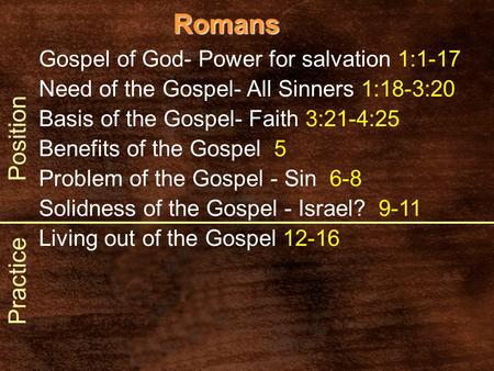 Romans Gospel of God- Power for salvation 1:1-17 Need of the Gospel- All Sinners 1:18-3:20 Basis of the Gospel- Faith 3:21-4:25 Benefits of the Gospel.
