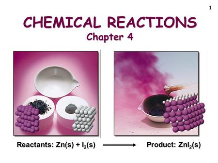 1 CHEMICAL REACTIONS Chapter 4 Reactants: Zn(s) + I 2 (s) Product: ZnI 2 (s)