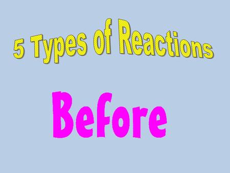 5 Common Reaction Types: -synthesis-decomposition -combustion-single displacement -double displacement synthesis - means to make something or build Example: