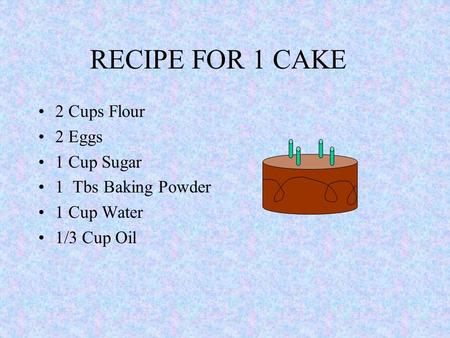 RECIPE FOR 1 CAKE 2 Cups Flour 2 Eggs 1 Cup Sugar 1 Tbs Baking Powder 1 Cup Water 1/3 Cup Oil.