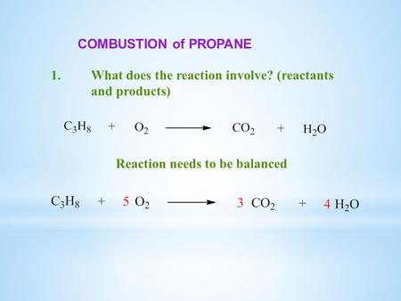 COMBUSTION of PROPANE 1.What does the reaction involve? (reactants and products) Reaction needs to be balanced.