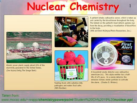 1 Nuclear Chemistry Taken from: www.mccsc.edu/~nrapp/chemistrypowerpoint/Student%20Ch%2019%20nuclear.ppt -