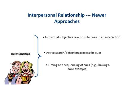 Interpersonal Relationship --- Newer Approaches Relationships Individual subjective reactions to cues in an interaction Active search/detection process.