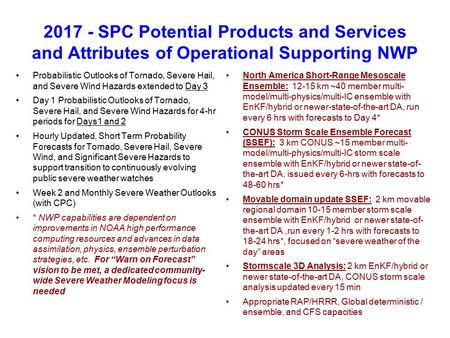 2017 - SPC Potential Products and Services and Attributes of Operational Supporting NWP Probabilistic Outlooks of Tornado, Severe Hail, and Severe Wind.