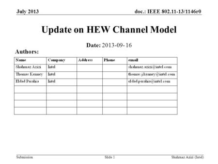 Doc.: IEEE 802.11-13/1146r0 Submission Update on HEW Channel Model Slide 1 Date: 2013-09- 16 Authors: July 2013 Shahrnaz Azizi (Intel)