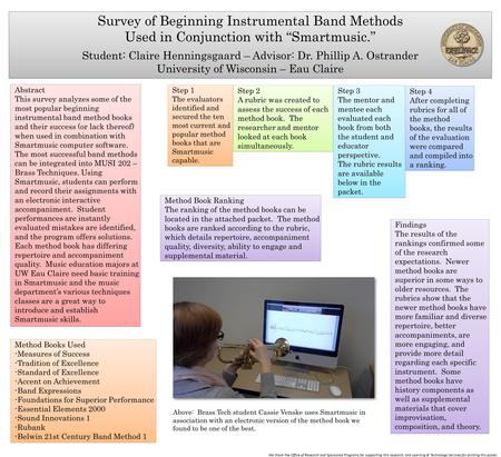 Survey of Beginning Instrumental Band Methods Used in Conjunction with “Smartmusic.” Student: Claire Henningsgaard – Advisor: Dr. Phillip A. Ostrander.