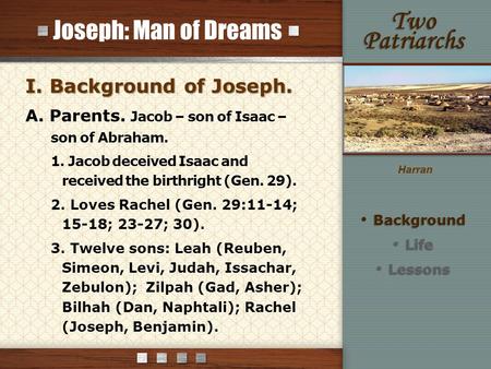 Joseph: Man of Dreams I. Background of Joseph. A. Parents. Jacob – son of Isaac – son of Abraham. 1. Jacob deceived Isaac and received the birthright (Gen.