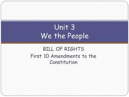 Unit 3 We the People BILL OF RIGHTS First 10 Amendments to the Constitution.