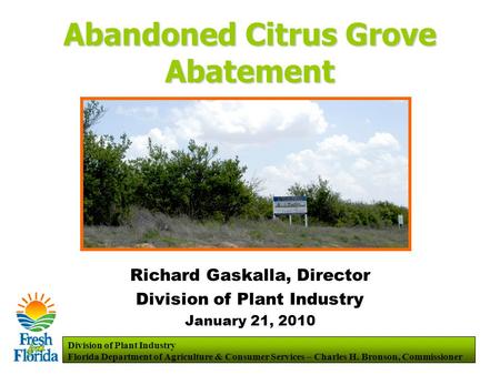 Division of Plant Industry Florida Department of Agriculture & Consumer Services – Charles H. Bronson, Commissioner Abandoned Citrus Grove Abatement Richard.