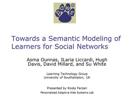 Towards a Semantic Modeling of Learners for Social Networks Asma Ounnas, ILaria Liccardi, Hugh Davis, David Millard, and Su White Learning Technology Group.