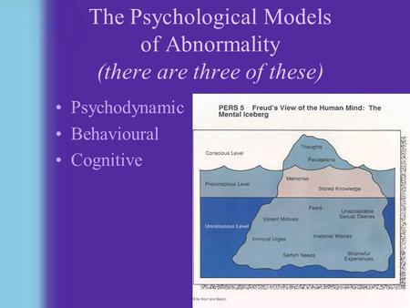 1 The Psychological Models of Abnormality (there are three of these) Psychodynamic Behavioural Cognitive.