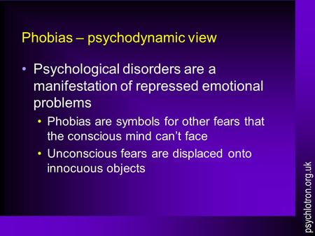 Phobias – psychodynamic view Psychological disorders are a manifestation of repressed emotional problems Phobias are symbols for other fears that the conscious.