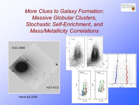 More Clues to Galaxy Formation: Massive Globular Clusters, Stochastic Self-Enrichment, and Mass/Metallicity Correlations NGC 4696 HST/ACS Harris && 2006.