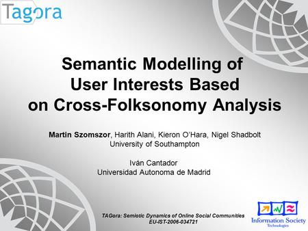 TAGora: Semiotic Dynamics of Online Social Communities EU-IST-2006-034721 Semantic Modelling of User Interests Based on Cross-Folksonomy Analysis Martin.