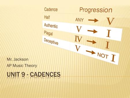 Mr. Jackson AP Music Theory.  A cadence is the harmonic, melodic, and rhythmic conclusion to a phrase. It also helps to establish the tonal center. It.