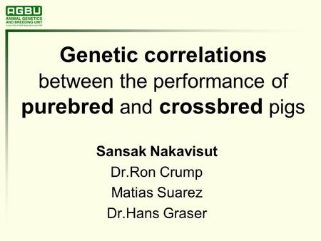 Genetic correlations between the performance of purebred and crossbred pigs Sansak Nakavisut Dr.Ron Crump Matias Suarez Dr.Hans Graser.
