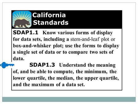SDAP1.1 Know various forms of display for data sets, including a stem-and-leaf plot or box-and-whisker plot; use the forms to display a single set of data.