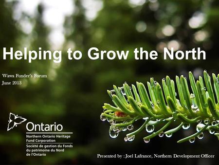 Helping to Grow the North Presented by : Joel Lafrance, Northern Development Officer Wawa Funder’s Forum June 2013.
