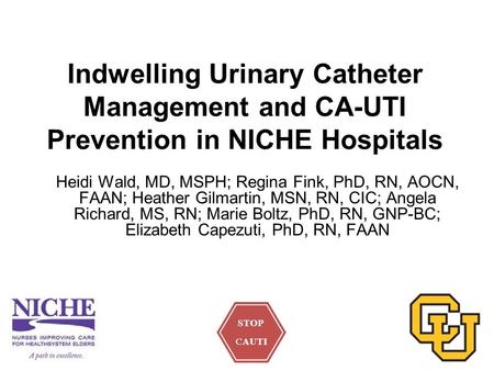 Indwelling Urinary Catheter Management and CA-UTI Prevention in NICHE Hospitals Heidi Wald, MD, MSPH; Regina Fink, PhD, RN, AOCN, FAAN; Heather Gilmartin,