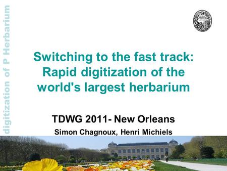 Rapid digitization of P Herbarium Switching to the fast track: Rapid digitization of the world's largest herbarium TDWG 2011- New Orleans Simon Chagnoux,
