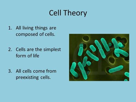 Cell Theory 1.All living things are composed of cells. 2.Cells are the simplest form of life 3.All cells come from preexisting cells.